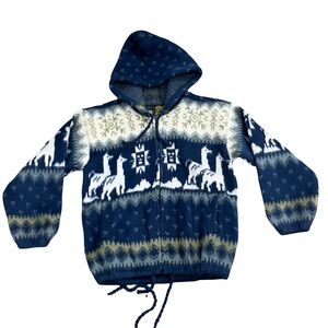 Tejidos Ruminahui Blue White Alpaca Hoodie Zip Jacket Kids Size 4 Ecuador Boho